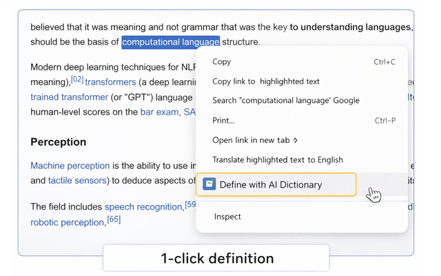 Right-click context menu showing the 'Define with AI Dictionary' option on a webpage